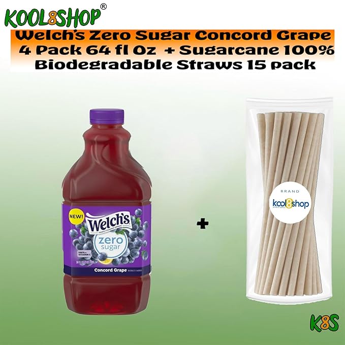 Welch's Zero Sugar Concord Grape Fruit Juice Drink 64 fl oz Plastic Bottles 4 Pack + 15 Sugarcane Disposable Straws by KOOL8SHOP Infinite Deals