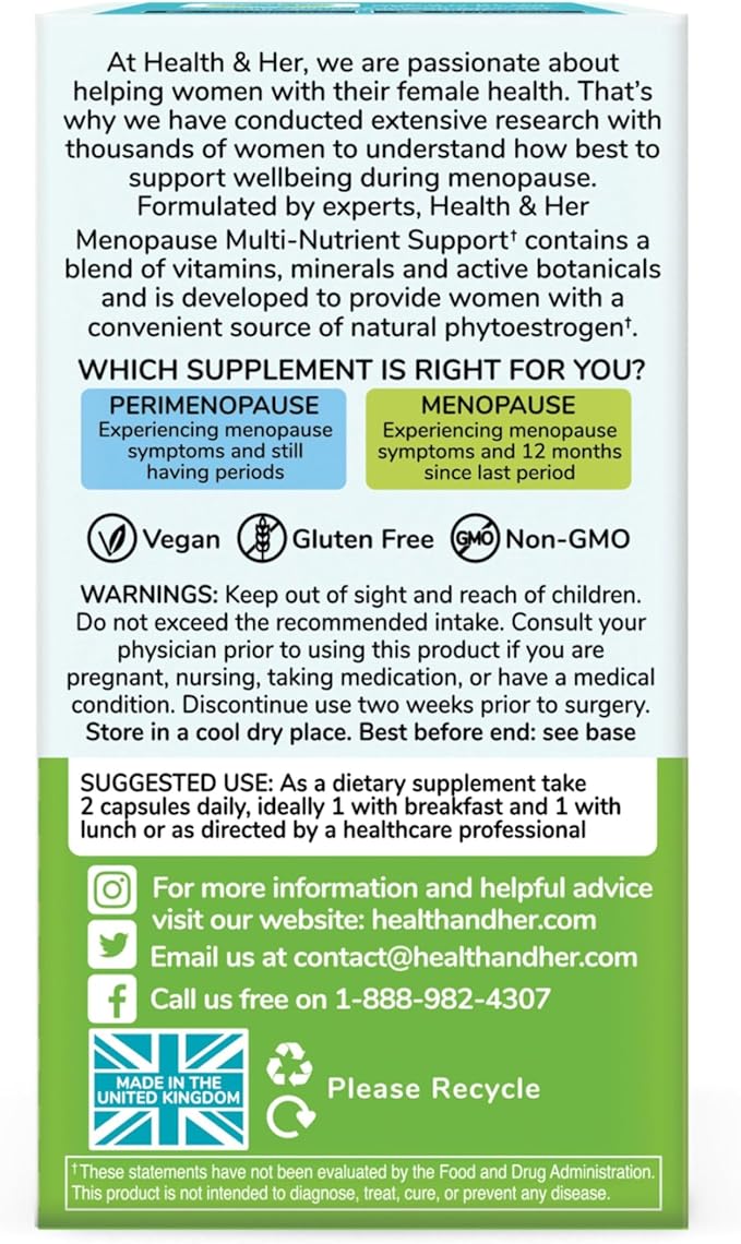 Health &amp Her Menopause Supplements for Women - Multi-Nutrient Support Menopause Vitamins for Energy Bones Muscles Skin &amp Hair Vegan Gluten-Free Non GMO (60ct - 1 Month)