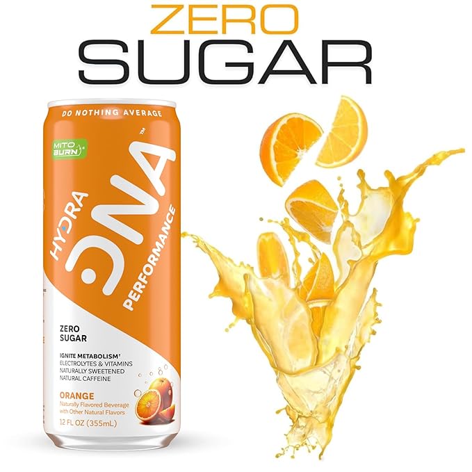 HYDRADNA- Clean Performance Drink Zero Sugar | For Natural Fuel Alertness Boost Stamina120 mg Organic Caffeine Natural Flavors Zero Sucralose Clean Ingredients (12 Pack) (12 Pack Orange)