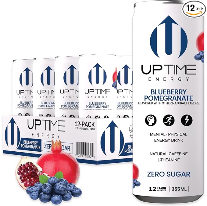 UPTIME Energy Drink Blueberry Pomegranate 12 Pack Vitamin C L Theanine Calcium Sugar Free Energy Drinks for Focus Support 142mg of Natural Caffeine 0 Calories Clean Natural 12 fl oz Cans