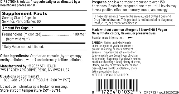 Klaire Labs SFI Health Pregnenolone - May Support Memory Mood &amp Energy for Adults - 100mg Derived from Wild Yam - Bioavailable &amp Micronized for Enhanced Absorption - Hypoallergenic (60 Capsul