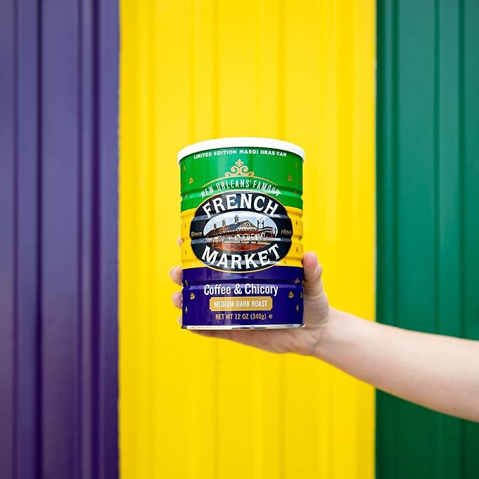 French Market Coffee &amp Chicory Medium-Dark Roast Ground Coffee 12oz Limited Edition Mardi Gras Can (Pack of 3)
