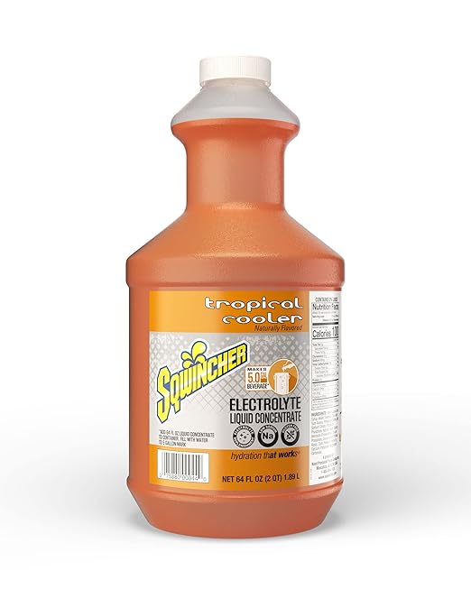 Sqwincher Liquid Concentrate | Tropical Cooler Flavored | Low Calorie | Low Sodium | Electrolyte Replenishment Hydration Drink Mix | Makes 5 Gallons of Beverage | 64 oz (Pack of 6)