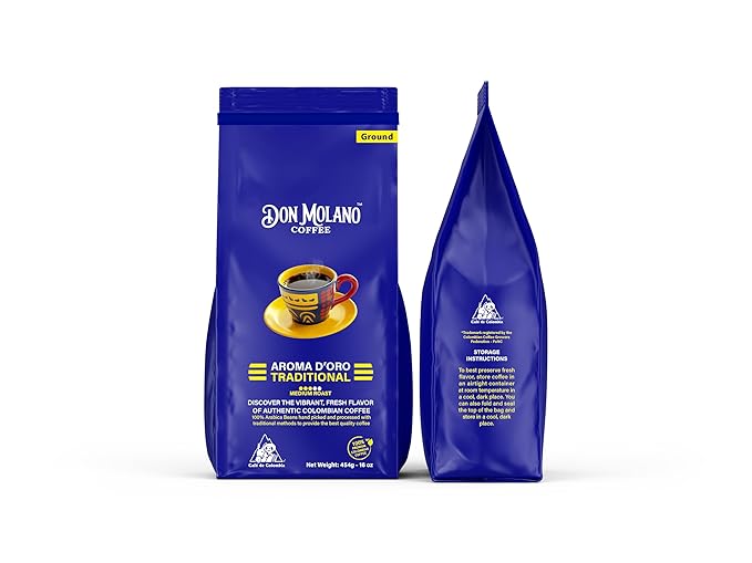 Don Molano Coffee Aroma D’Oro Traditional Ground Coffee Medium Roast 16oz - Premium Colombian Coffee Halal Certified – Rich and Balanced with a smooth and velvety texture with notes of Citrus Dark