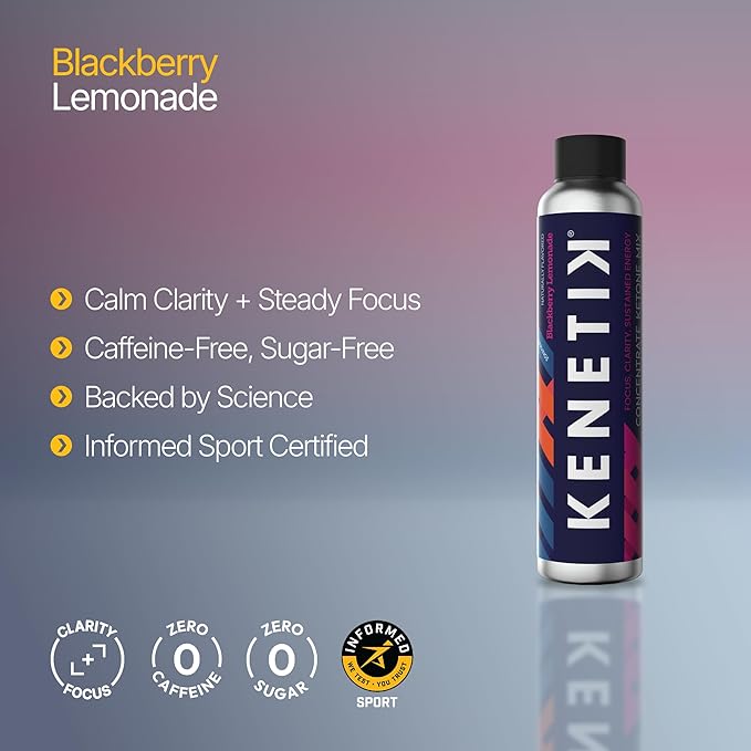 KENETIK Caffeine-Free Focus Concentrate – Brain Fuel for Mental Clarity Cognitive Endurance Sugar-Free Bioidentical Ketones (D-BHB) 4oz (4 Servings) – 3 Pack Blackberry Lemonade