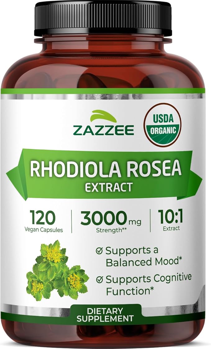 Zazzee USDA Organic Rhodiola 10:1 Extract 120 Capsules 4 Month Supply Rhodiola Rosea Energy Stress &amp Mental Focus Support Concentrated 10X Extract All-Natural Non-GMO Made in the USA