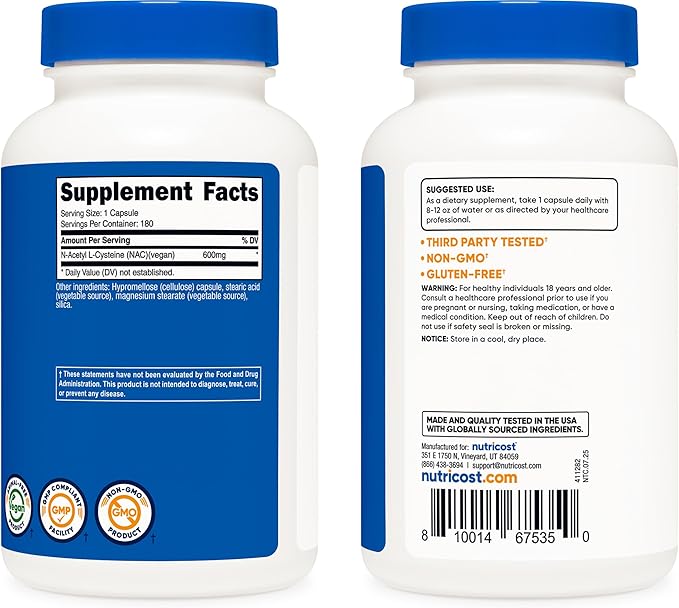 Nutricost N-Acetyl L-Cysteine (NAC) 600mg 180 Capsules - Non-GMO Gluten Free (Pack of 2)