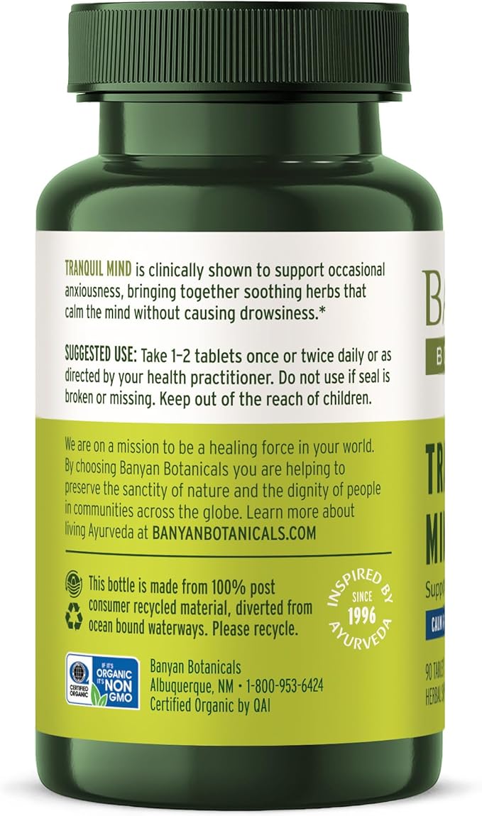 Banyan Botanicals Organic Tranquil Mind – Nervous System Support &amp Physical Relaxation Supplement – with Skullcap Passionflower &amp Gotu Kola – Non-Drowsy Systemic Grounding – 90 Tablets – USDA