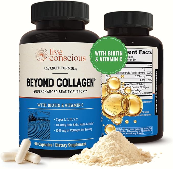 Live Conscious Beyond Collagen Multi Collagen Capsules - Types I II III V &amp X - Hydrolyzed Blend with Biotin &amp Vitamin C for Hair Skin Nails 90 Capsules