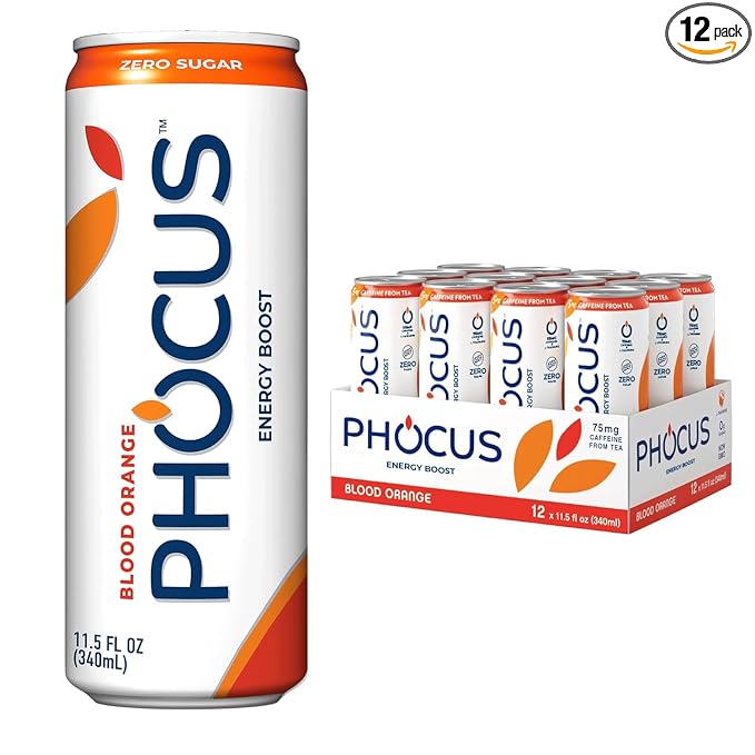 PHOCUS Caffeinated Sparkling Water Blood Orange 75mg Natural Caffeine Plus L-Theanine Zero Sugar Zero Calories No Artificial Sweeteners 11.5 fl oz Cans (Pack of 12)