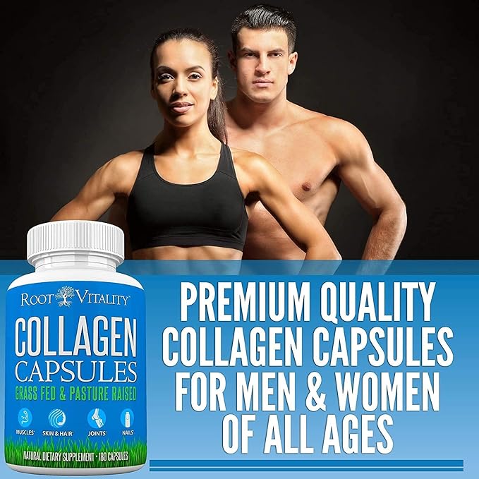 Root Vitality Collagen Peptides Capsules - Grass-Fed Pasture-Raised Hydrolyzed Protein Supplement for Skin Hair &amp Nails - Non-GMO Zero Sugar Daily Pills for Men &amp Women (180 Capsules)