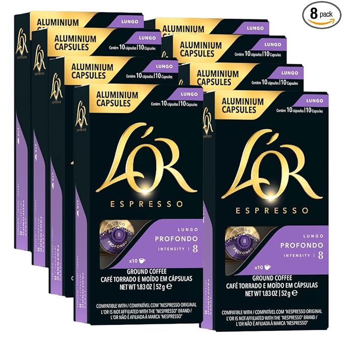 L'OR Espresso Capsules 80 Count Profondo Lungo Single-Serve Aluminum Coffee Capsules Compatible with the L'OR BARISTA System &amp *Nespresso Original Machines 80 Count (Pack of 8)