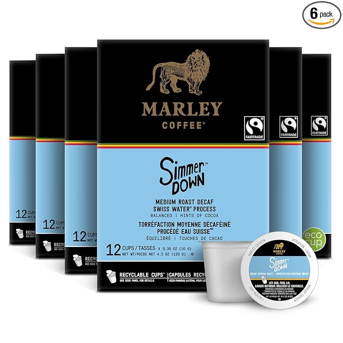 Marley Coffee Simmer Down Decaf Swiss Water Process Medium Roast Coffee Keurig K-Cup Brewer Compatible Pods 12 Count (Pack of 6)