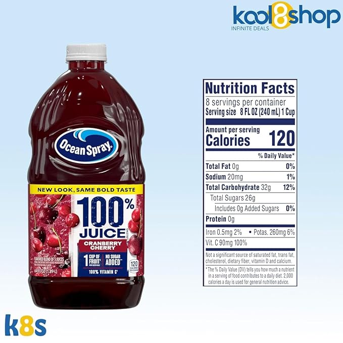 Ocean Spray 100% Cranberry Cherry Fruit Juice No Added Sugar 64 fl oz 4 Pack + 15 Sugarcane Disposable Straws by KOOL8SHOP Infinite Deals