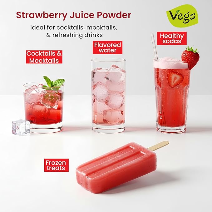 Vegs Strawberry Juice Powder - Freeze Dried Organic Strawberry Juice Instant Drink Mix Powder Baking Dessert Flavoring - Real Fruit Hydration with Electrolytes &amp Antioxidants Sugar Free - 11 oz