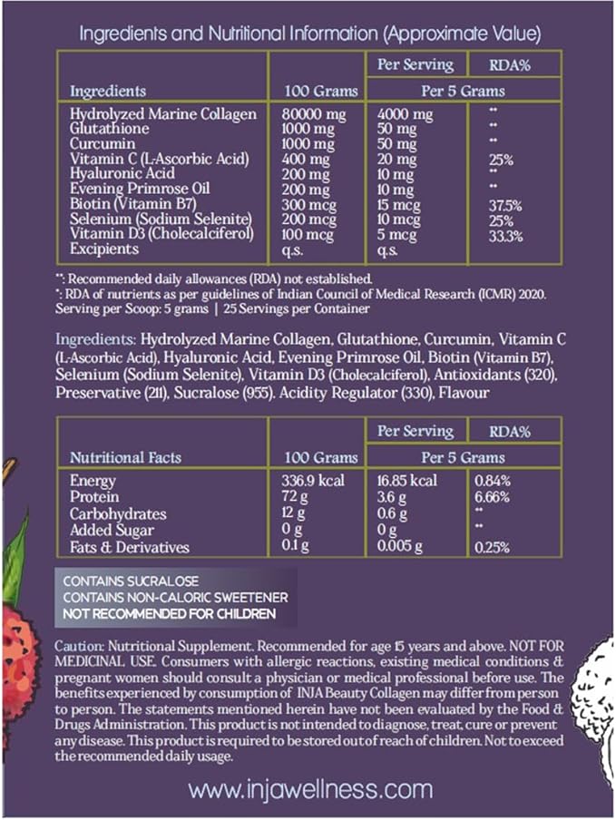 INJA Wellness Beauty Marine Collagen Supplement for Women Men Vitamin C Collagen with Japanese Formulation Healthy Joints Muscles Skin and Hair Sugar and Gluten Free Lychee Flavor 125gm