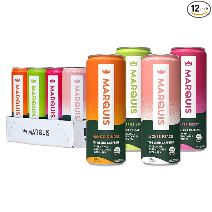 Marquis Natural Energy Drinks Sugar Free Zero Calories 100mg Organic Plant Based Caffeine Yerba Mate Green Tea &amp Green Coffee - Vitamin C &amp Bs - Healthy Energy Drink Variety Pack - 12oz Cans