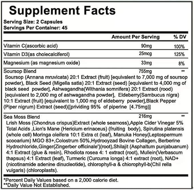 Soursop Capsules - 24 in 1 Graviola Soursop Capsules with Shilajit Sea Moss Lions Mane Turmeric Ashwagandha Vegan Ginger &amp Manuka Honey and More Non-GMO 90capsules