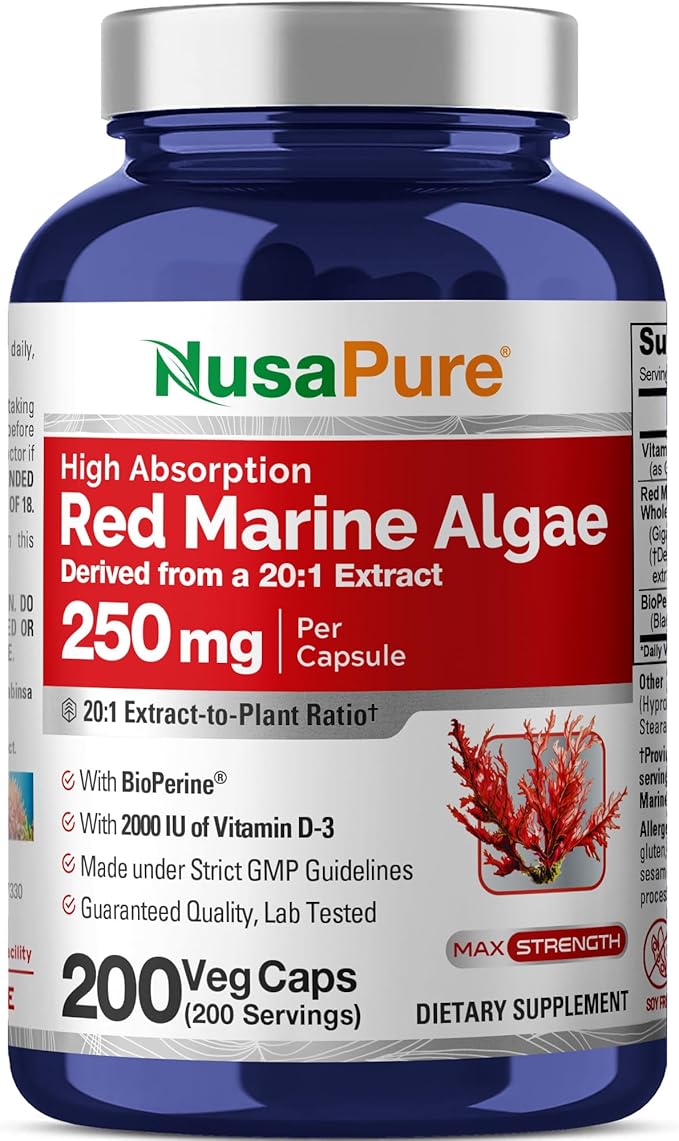 NusaPure Red Marine Algae Capsules 250 mg 180 Veg Capsules (Soy Free Non-GMO)