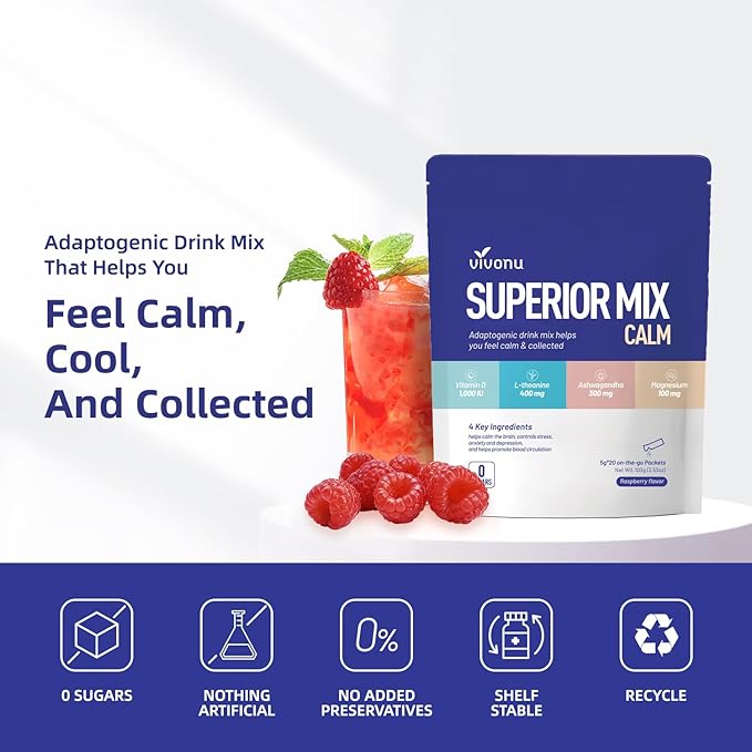 Calm &amp Sleep Powdered Drink Mix Raspberry L Theanine Ksm-66 Ashwagandha Magnesium Glycinate Vitamin D 3 Supplements for Relaxation &amp Focus No Sugar Non GMO