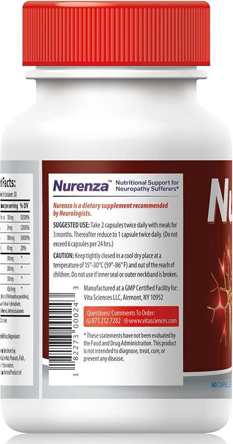 Vita Sciences Nurenza Neuropathy Relief Supplement 40x Strength Natural R-ALA Form for Nerve Health Fast Repair w/Vitamins Antioxidants Revitalizing Feet Hands Legs and Toes. 60 Ct.
