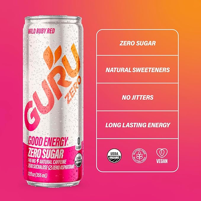 GURU ZERO SUGAR Wild Ruby Red Organic Energy Drinks Clean Energy Drink with Plant Based Natural Caffeine from Green Tea Coconut Water Prebiotic Zero Added sugars Gluten Free and Vegan Pre Workou