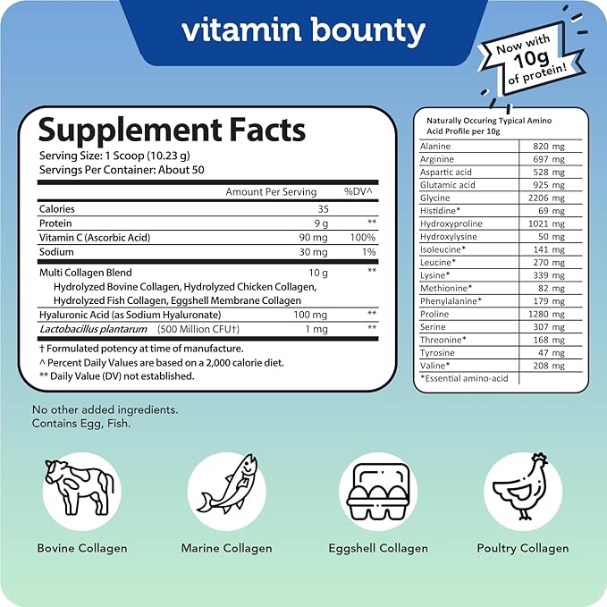 Vitamin Bounty Multi Collagen Peptides Powder for Men &amp Women (Complex Plus) - 5 Types Hydrolyzed Collagen Protein - Probiotics Vitamin C &amp Hyaluronic Acid - Grass Fed Bovine Supplements 50