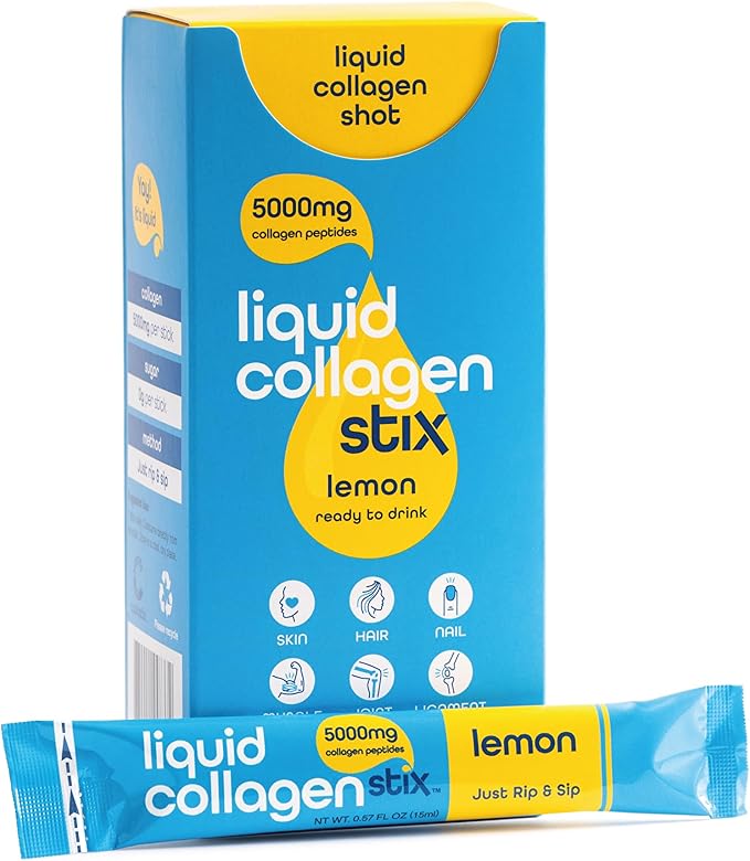 Hydrolyzed Liquid Collagen Peptides for Women &amp Men - Grass-Fed Bovine Protein Supplement for Hair Growth Skin and Nails (Pack of 28 Lemon)