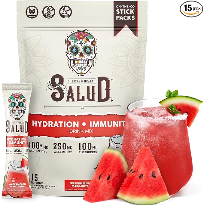 Salud 2-in-1 Hydration Packets + Immunity Electrolytes Powder Watermelon Margarita - Agua Fresca Drink Mix Elderberry Dairy &amp Soy Free Non-GMO Gluten Free Vegan 1g Sugar (15 Servings)