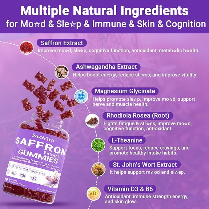 Saffron Supplements Gummies with 88.5 mg Saffron Extract Magnesium Glycinate L-Theanine Ashwagandha Rhodiola Rosea St. John’s Wort - Sugar Free 120 Count