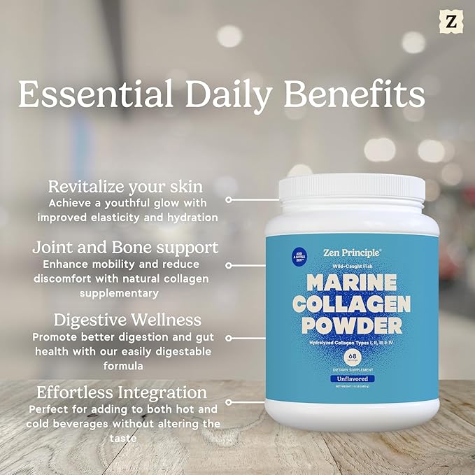Zen Principle Marine Collagen Peptides Powder 1.5 lb. Wild-Caught Fish Non-GMO. Supports Healthy Skin Hair Joints and Bones.Hydrolyzed Type 1 &amp 3 Protein. Amino Acids.Unflavored Easy to Mix.