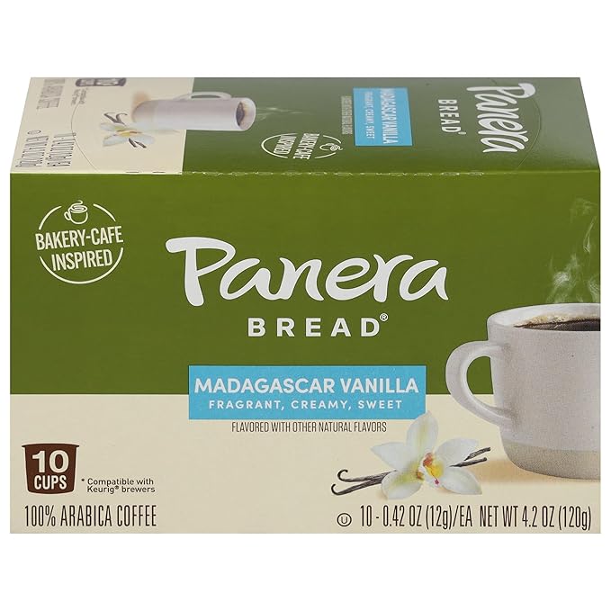 Panera Bread Madagascar Vanilla Light Roast Coffee Pods 100% Arabica Natural Flavor Keurig Compatible Cups No Artificial Ingredients 10 Single Serve Pods (1 Pack of 10)