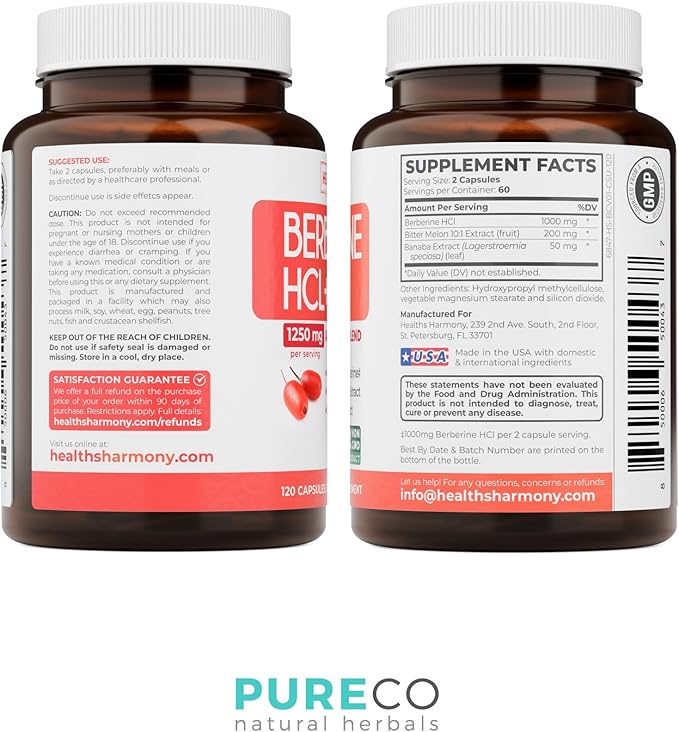 Berberine Supplement (Non-GMO &amp Vegetarian) Berberine HCL Plus Bitter Melon &amp Banaba Leaf Extract Capsules - Berberine 500mg Each 1000mg Per Serve - AMPK Metabolic Activator - 120 Caps (No Pi