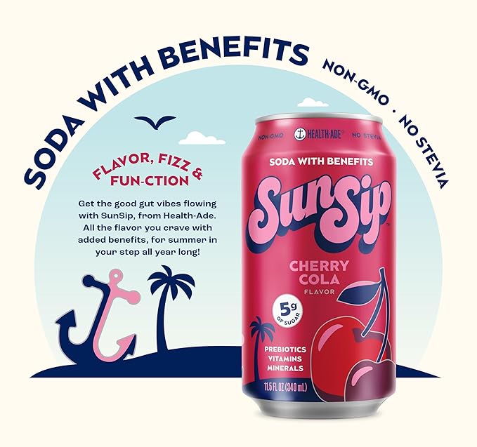 SunSip Prebiotic Soda by Health-Ade Better-for-You Soda Swap Beverage with Vitamins &amp Minerals Naturally Sweetened with 5g of Sugar Cherry Cola 11.5 oz (12 Pack)