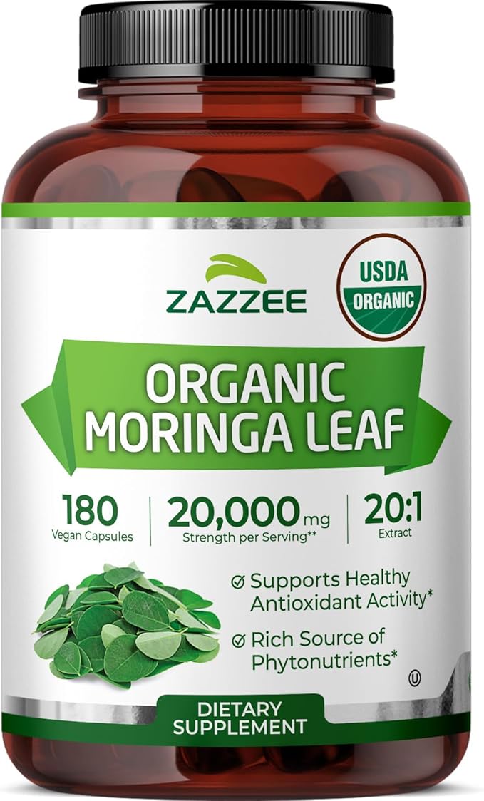 Zazzee USDA Organic Moringa Leaf 20:1 Extract 180 Vegan Capsules 3 Month Supply Certified Kosher Moringa Oleifera Antioxidant Immune &amp Cellular Support Superfood Supplement Made in the USA
