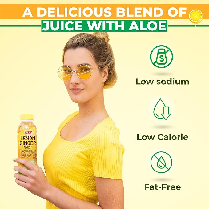 OKF Aloe Vera Juice Drink Lemon Ginger Pure with Chunks of Aloe Original 16.9 Fl Oz (Pack of 20) No Preservatives No Artificial Color Plant Based Korean Drinks