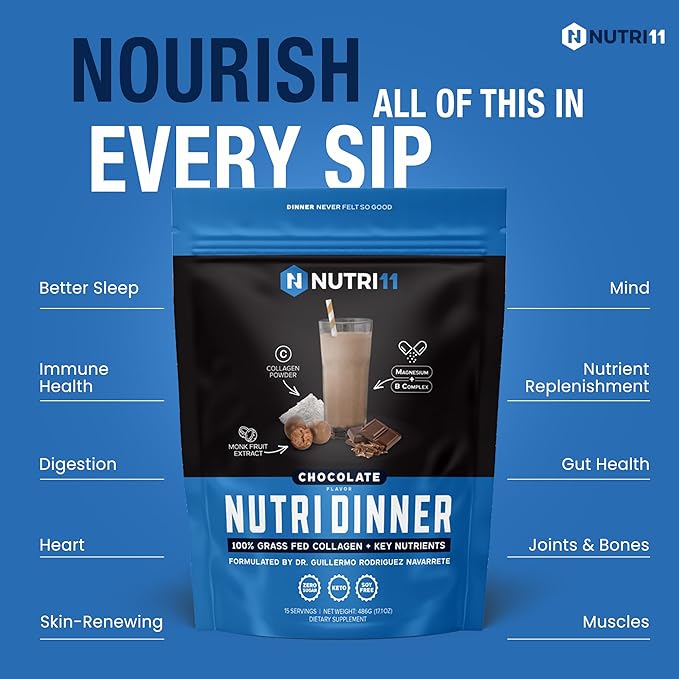 NutriDinner by Nutrillermo | Grass-Fed Collagen Protein Powder | Magnesium B-Vitamins &amp Monk Fruit | Sleep Recovery and Wellness Supplement |