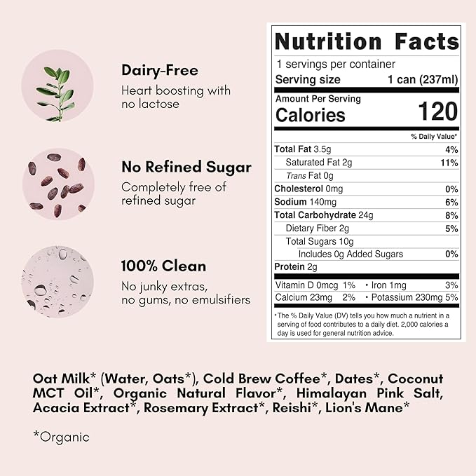 Pop &amp Bottle Oat Milk Lattes - Cold Brew With Lions Mane &amp Reishi Mct Oil Single Shot Cold Brew Mushrooms Organic Dairy Free Gluten Free Great As Iced Coffee Lightly Sweetened With Da