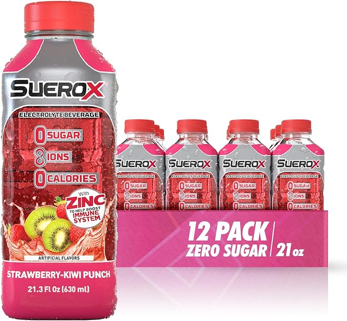 SueroX Zero Sugar Electrolyte Drink for Hydration and Recovery Unique Blend of Electrolytes &amp 8 Ions Zero Calorie Sports Drink 21.3 Fl Oz Strawberry-Kiwi Punch 12 Count