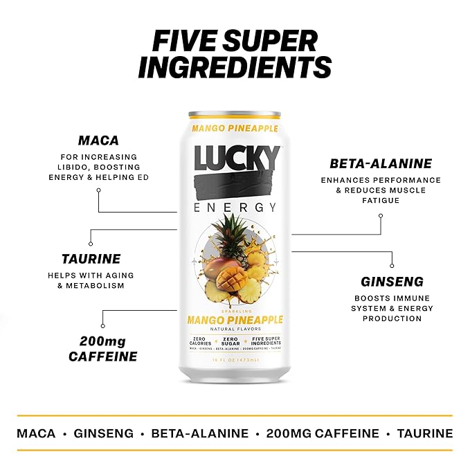 Lucky Energy Sugar Free Energy Drinks Mango Pineapple 16oz Cans (12-Pack) Healthy Zero Sugar Energy Drink with Maca Ginseng Beta-Alanine Taurine &amp 200mg Caffeine