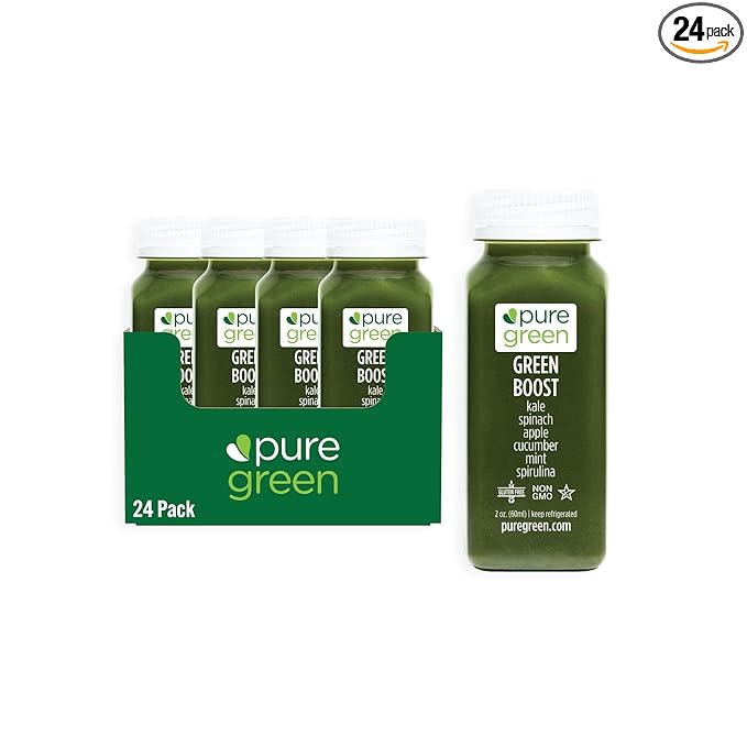 Pure Green Cold Pressed Shots - Green Boost - Fresh Functional Blend with Ginger &amp Lemon - Natural Gluten Free Non-GMO No Artificial Colors or Flavors - Made from Real Fruits &amp Veggies - 2o