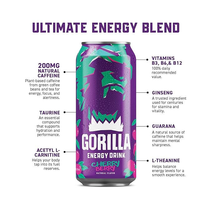 Gorilla Energy Drink Mango Coconut &amp Cherry Berry 200mg Natural Caffeine Real Fruit Juice Squeezed &amp Concentrated No Added Sugar and No Artificial Colors 24 Cans