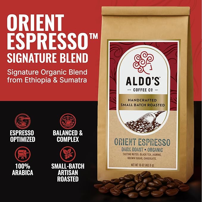 Aldo’s Orient Espresso – Organic Handcrafted Coffee Beans Signature Dark Roast Espresso Blend Small-Batch Artisan Roasted Bold Smooth Low-Acid Coffee (16 oz) (Fine Ground)