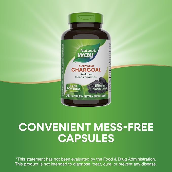 Nature's Way Activated Charcoal Binds Unwanted Materials and Gas in the Digestive Tract* 560 mg per 2-Capsule Serving 360 Capsules (Packaging May Vary)