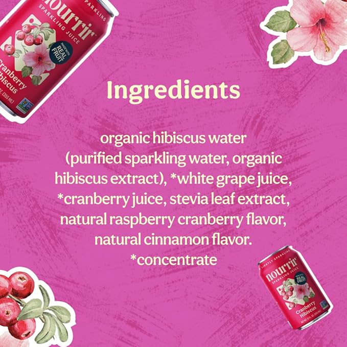 Nourrir Sparkling Cranberry Hibiscus Juice Real Fruit Bold Berries &amp Botanical Blend Non-GMO Gluten-Free Non-Alcoholic 90 cals 0g Added Sugar 12 cans (12-Pack)