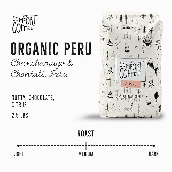 Mt. Comfort Coffee Organic Peru Medium Roast 2.5 Pounds - Flavor Notes of Nutty Chocolate &amp Citrus - Sourced From Small Peruvian Coffee Farms - Roasted Whole Beans