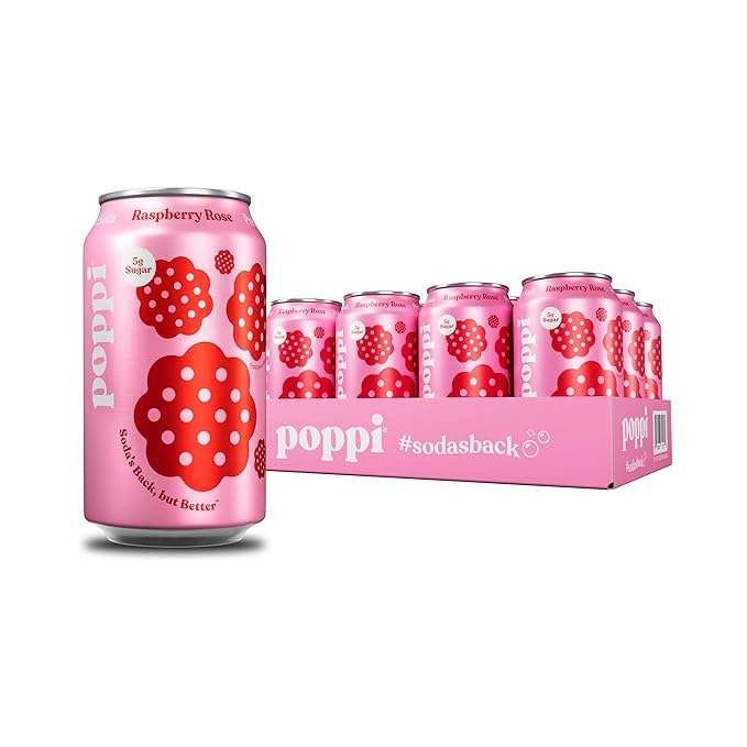 Poppi Sparkling Prebiotic Soda Beverage with Apple Cider Vinegar Seltzer Water and Fruit Juice Raspberry Rose Flavor 12 oz Pack of 12 Packaging May Vary