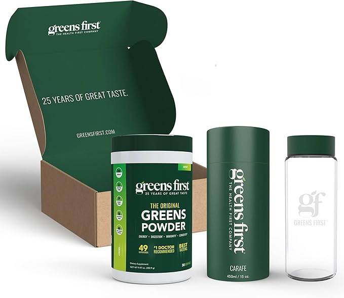 Greens First Gift Set - Limited Edition Glass Carafe &amp Organic Greens Powder - 49 Superfoods - Prebiotics Probiotics &amp Digestive Enzymes - Dairy Free Vegan &amp Non-GMO (Mint 30 Servings)
