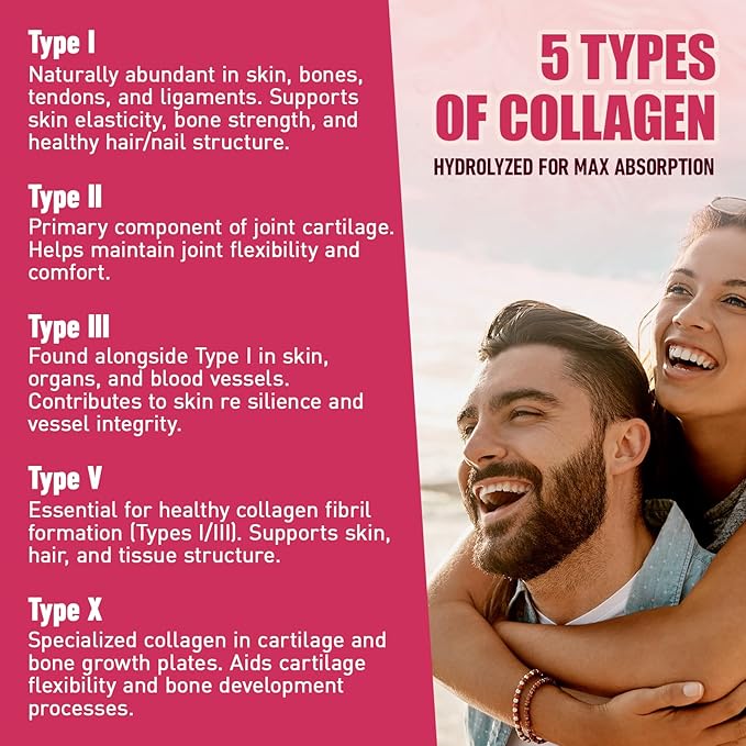Multi Collagen Peptides Powder - Type I II III V X with Vitamin C E &amp Hyaluronic Acid Hair Skin Nail Support | Unflavored Non-GMO Easy Mix - 45 Servings