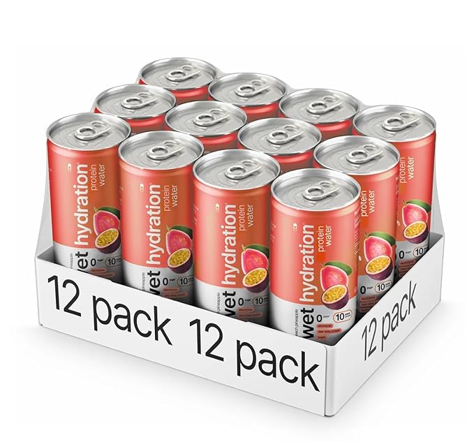 Wet Hydration | Functional Wellness Water Non-Carbonated - Passion Guava (12 fl. oz. / 355ml Cans Pack of 12) - Zero Calorie Hydration Drink with Electrolytes Clear Whey Protein BCAAs Protein Wat